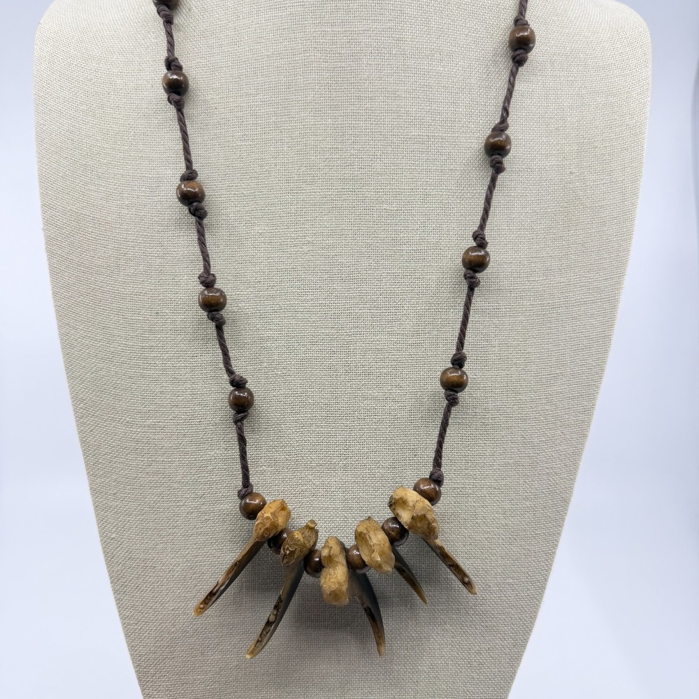 Animal Claw Look Bone Pendant Wood Bead Brown Cord Necklace Tribal Gothic Boho - Picture 3 of 12